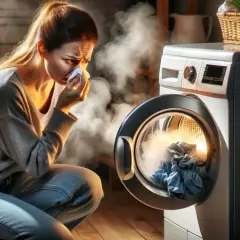 Kobieta w dymie z pralki Electrolux, która potrzebuje czyszczenia bębna.