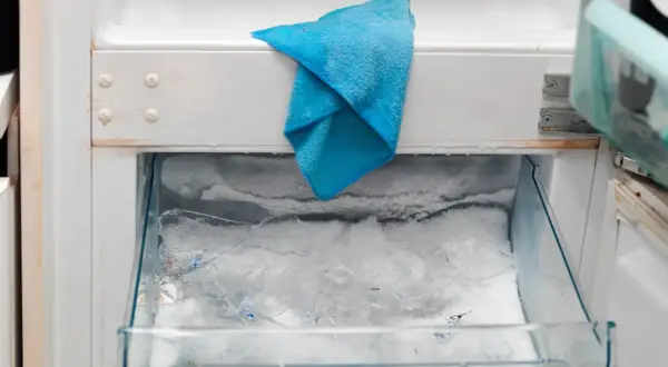 W zamrażarce lodówki no frost nagromadził się lód, a niebieska ściereczka czeka na rozmrożenie.